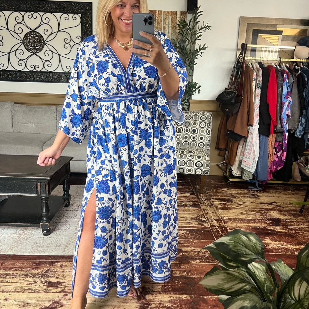 Blue and White V-Neck Slit Maxi Sundress